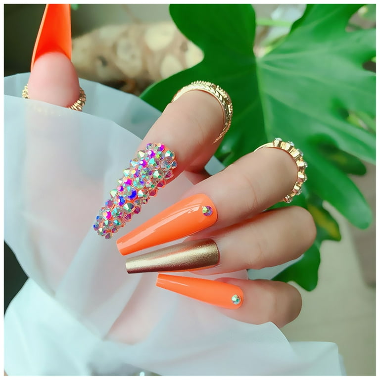 NIUREDLTD Press On Nails Long, 3D Rhinestones Coffin Nails With