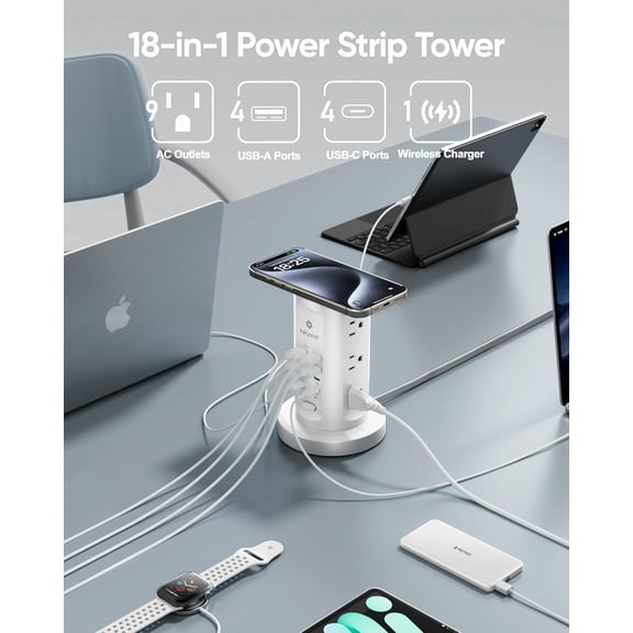 115W USB Charging Station, Surge Protector Power Strip Tower, 9 AC Outlets with 8 USB Ports(4 USB-C), 6Ft Flat Plug Retractable Extension Cord, for Home Office Dorm, White