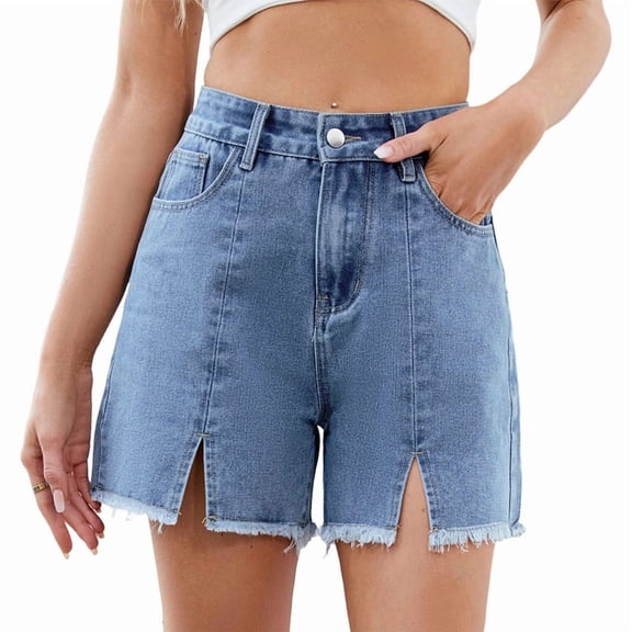 Jean Shorts for Women High Waisted Stretchy Casual Denim Shorts Front-Slit Frayed Hem Summer Trendy Jorts Light Blue XL