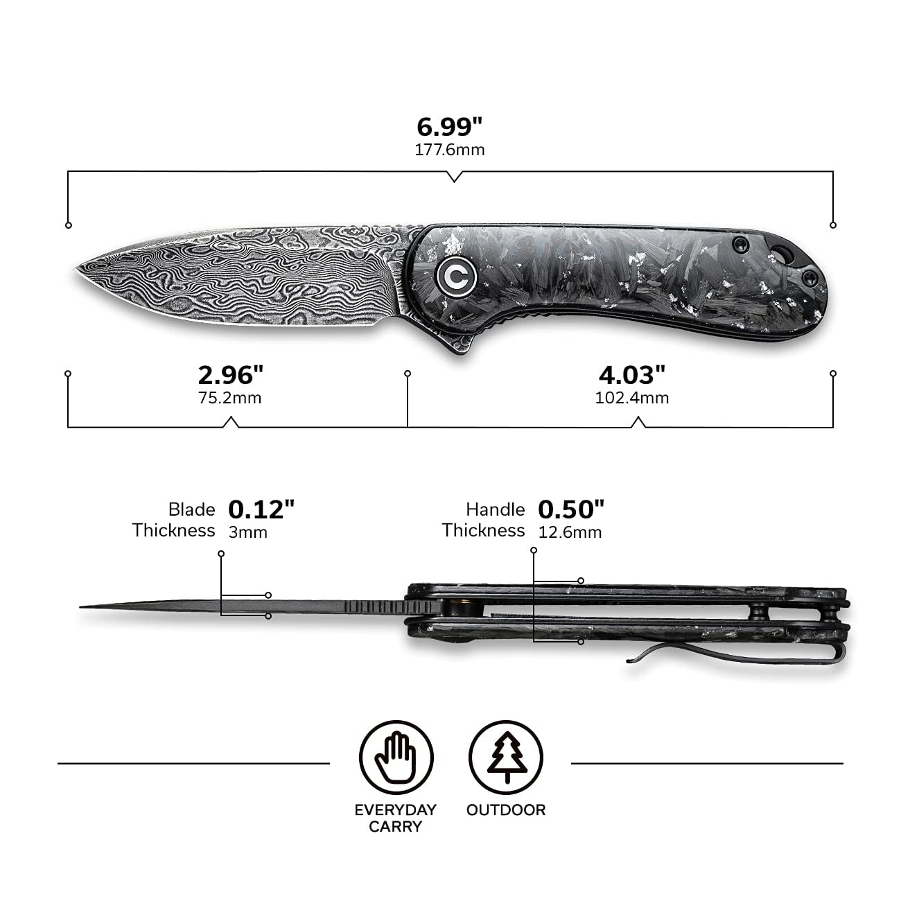 CIVIVI Elementum Folding Pocket Knife for Men, 2.96" Damascus Blade Folder with Low Profile Pocket Clip C907C-DS2