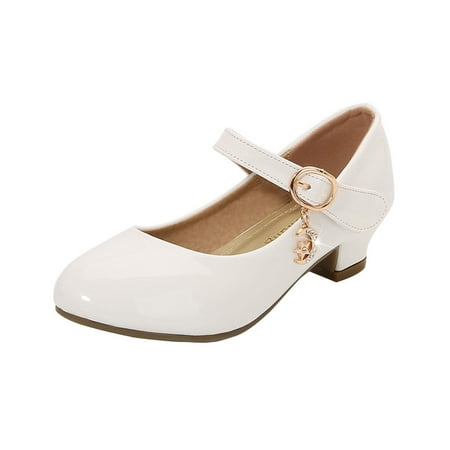 ATOGUTA Formal Shoes for Girls White Faux Leather Shoes Princess Dress Mary Jane Shoes Kids Low Heels Wedding Dance Shoes with Buckle