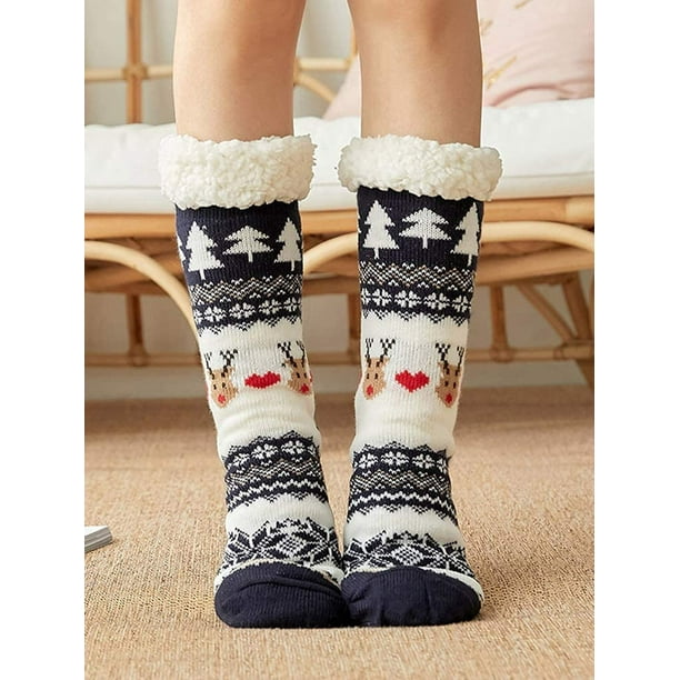 Women Socks,Women Slipper Socks Santa Deer Thick Fleece Lining Knit Animal  AntiSlip Christmas Stockings Warm Cozy Fuzzy Home Socks