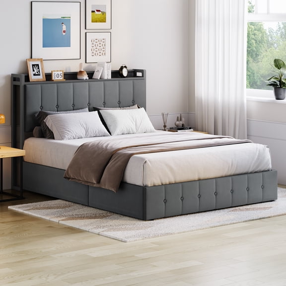 Lift-Up Storage Bed Frame with Button-Tufted Upholstered Headboard, Hydraulic Platform, Heavy-Duty Noise-Free Slat Support, Storage Shelf, No Box Spring Needed, Dark Grey, Queen