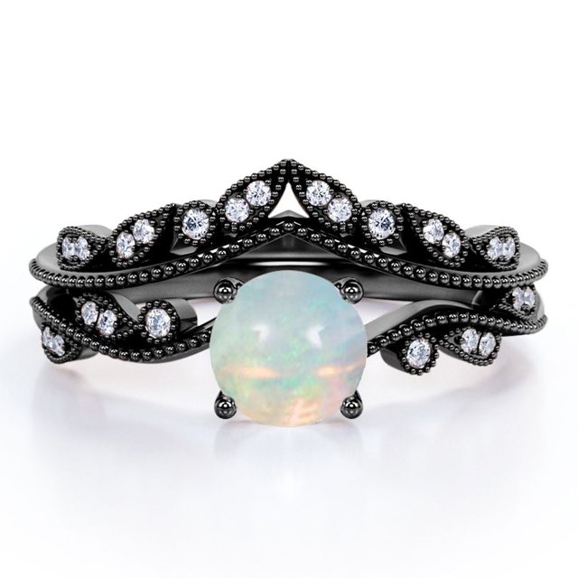 JeenMata Anillo de Novia de Banda Curva con Ópalo de Roca y Moissanita de Forma Redonda de 1 Quilate en Forma de V - Chapado en Oro Negro de 18 K sobre Plata