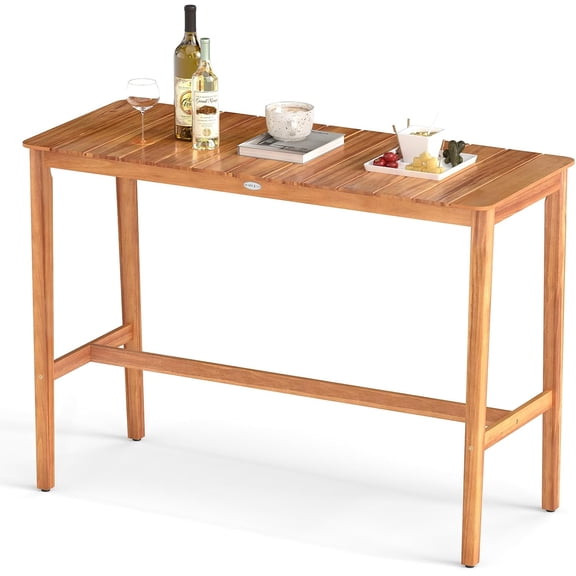 Outdoor Bar Table 54" x 22", Wood Counter Height Table with Slatted , Adjustable Feet, Patio Dining Table for Yard, Balcony, Poolside