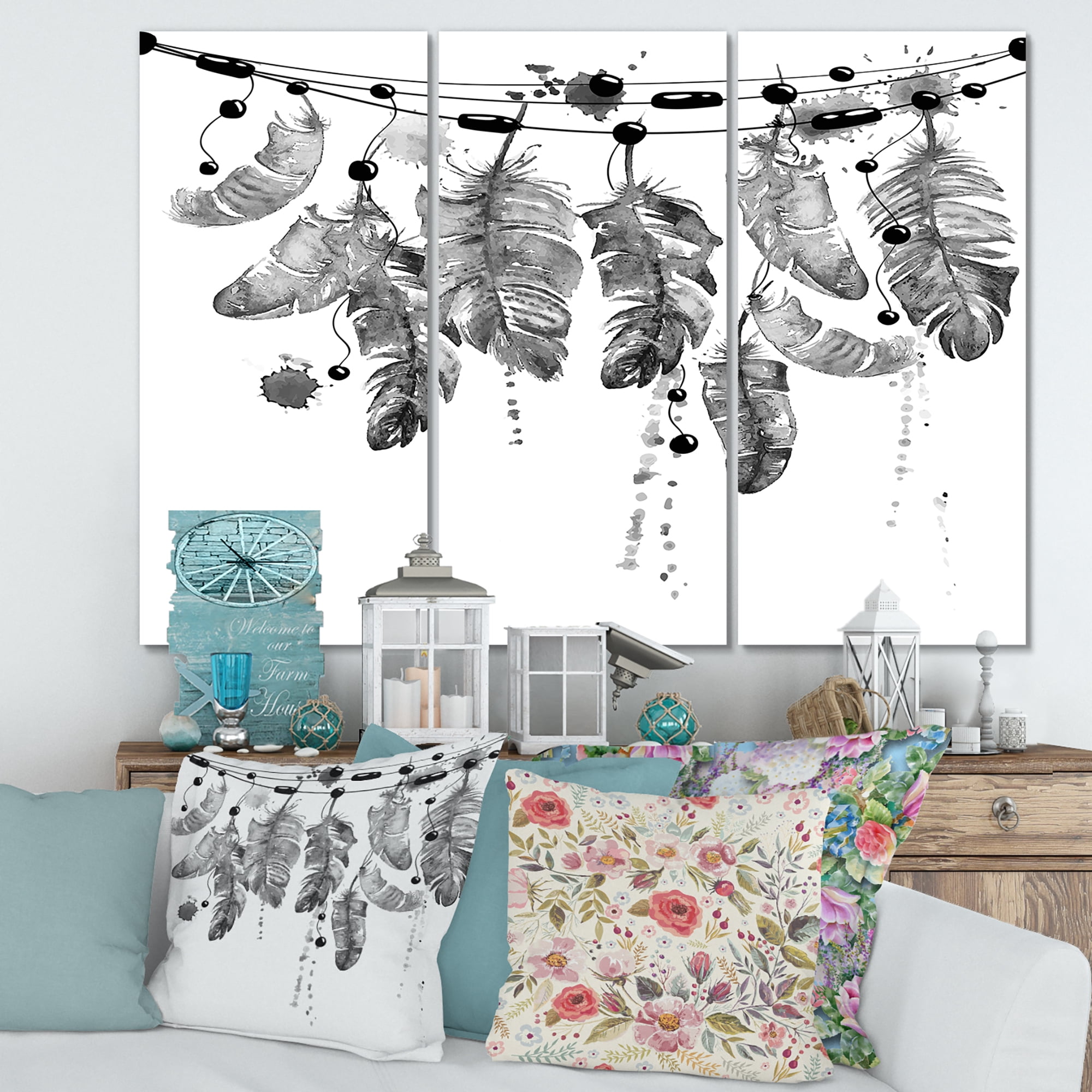 Designart ' Hanging Monochrome Bird Feathers ' Bohemian & Eclectic Canvas Wall Art Print