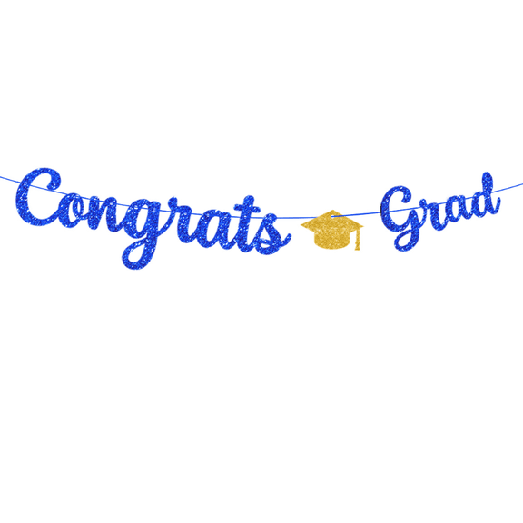 Congrats Grad Banner, Blue and Gold Glitter, Graduation Party Decoration