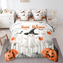 Manfei Pumpkin Lantern 7-Piece Twin Bedding Sets,Happy Halloween Bedding Comforter Set,Witch Hat Ghost Sheet Sets For Girls Kids,Microfiber Bedroom Decor Reversible