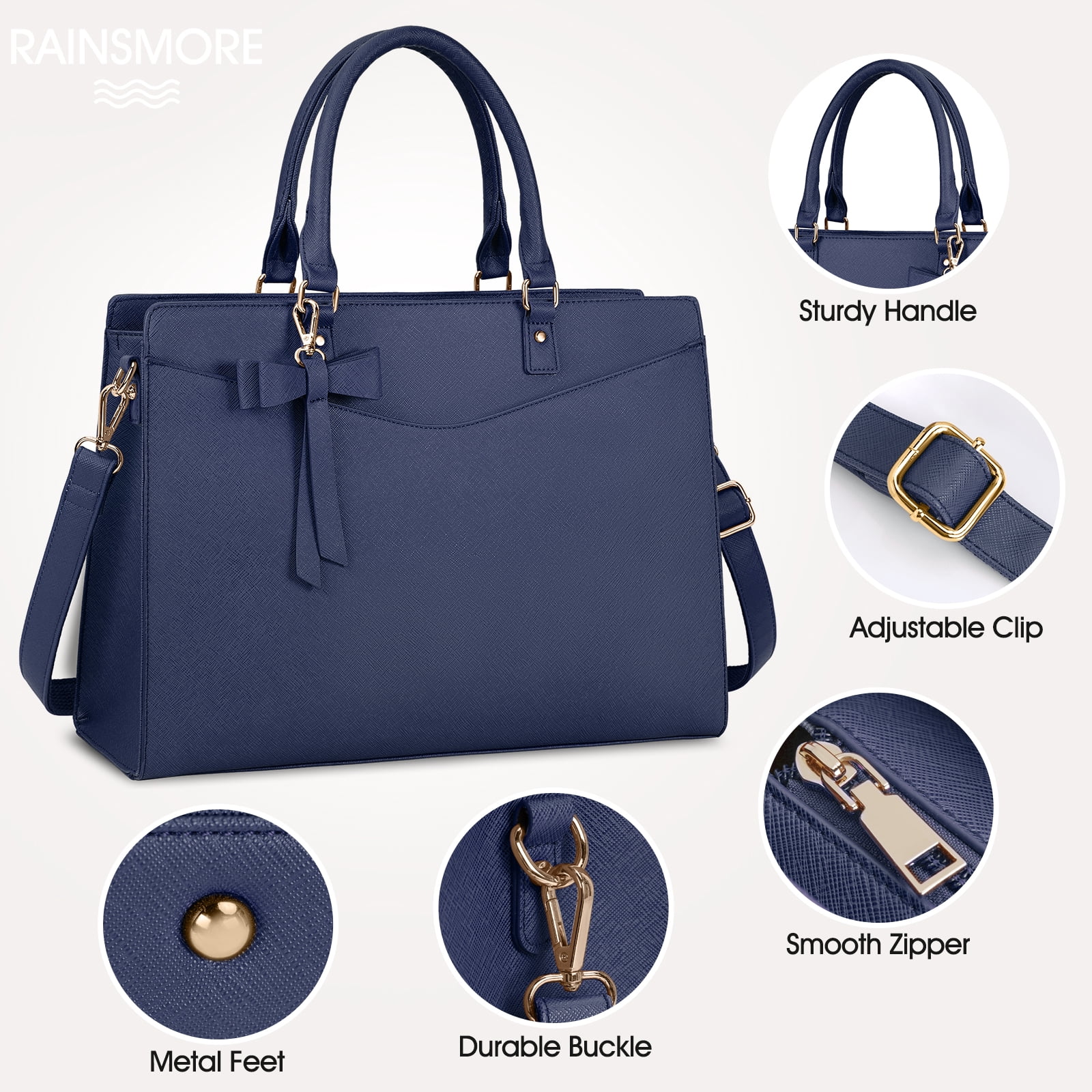 RAINSMORE Laptop Bag for Women 15.6 Inch PU Tote Bag Business Office Work Bag Waterproof Briefcase Computer Tote Lightweight Handbag Shoulder,Blue