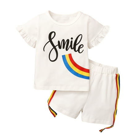 

Kucnuzki 4T Toddler Girl Summer Outfits Shorts Sets 5T Short Sleeve Smile Letter Rainbow Prints Cozy T-shirt Tops Elastic Cozy Shorts 2PCS Set White