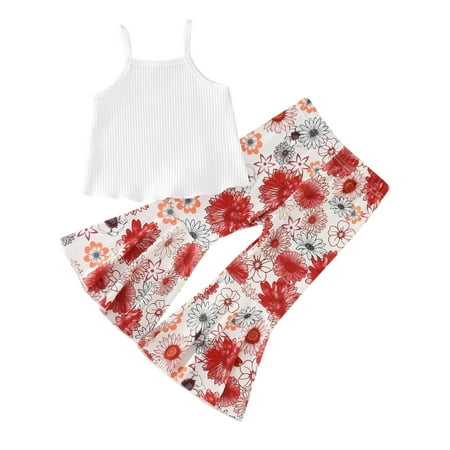 

Toddler Girls Summer Sleeveless Flower Printed Ribbed Tops Pants 2PCS Baby Outfits Clothes Set Children Clothing