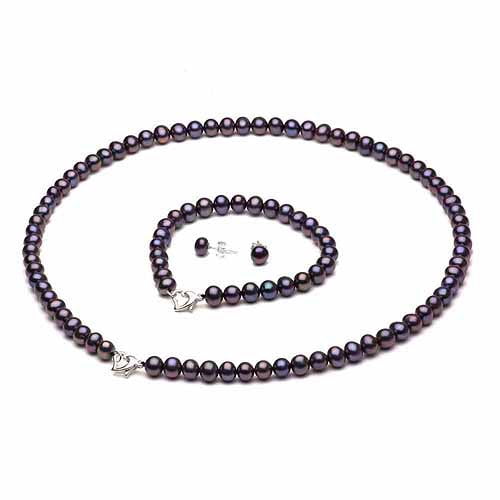 9-10mm Black Freshwater Pearl Heart-Shape Sterling Silver Necklace (18"), Bracelet (7") Set with Bonus Pearl... by Jacqueline's Collection