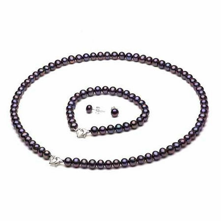 9-10mm Black Freshwater Pearl Heart-Shape Sterling Silver Necklace (18), Bracelet (7) Set with Bonus Pearl Stud Earrings