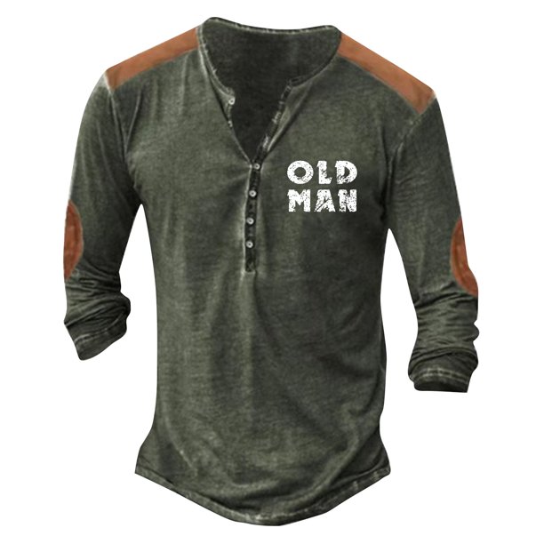 Men'S Printed T-Shirt Outdoor Retro Button Loose Long Sleeve Top 3XL