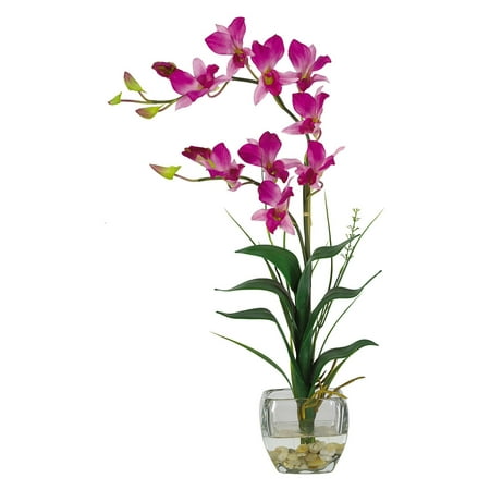 Nearly Natural Dendrobium with Glass Vase Silk Flower Arrangement  Purple At 22 inches tall and available in color options  this Nearly Natural Liquid Illusion Dendrobium Silk Flower with Glass Vase is sure to make an impact on any setting. This designer silk floral arrangement includes natural looking green foliage and river rocks tucked into a beautiful crystal vase. Clear acrylic water holds the silk arrangement steady and lends that fresh-cut look. Nearly Natural For over 75 years  Nearly Natural Inc. has been providing conscientious consumers with beautiful alternatives to natural decorations. Employing and advised by naturalists who understand the live plant world  Nearly Natural is able to recreate the most realistic-looking decorative items for homes  offices  and businesses. Driven by a true commitment to customer service  attention to detail  and natural philosophy  Nearly Natural strives to bring customers the most beautiful  unique  and striking faux fauna and flora on the market.