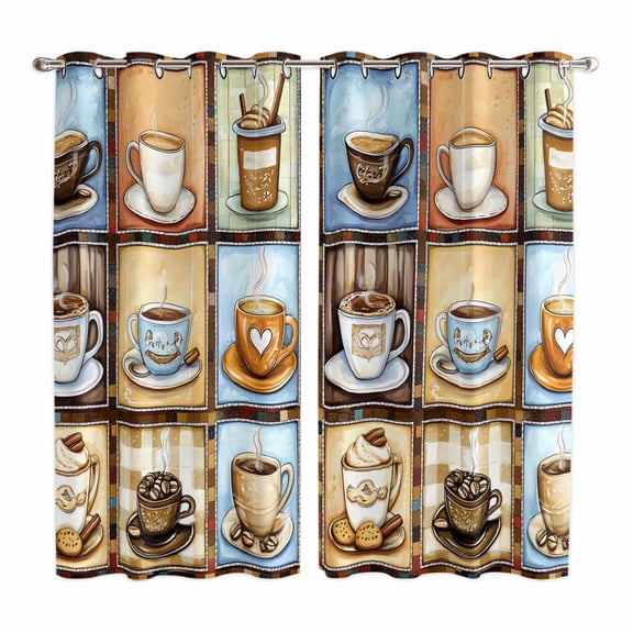 Watercolor Coffee Kitchen Curtains 84 Inch Length, Retro Coffee Patchwork Grommet Top Bedroom Living Room Curtains, Light Filtering Cafe Curtain Drapes 2 Panels Set 104''x84''