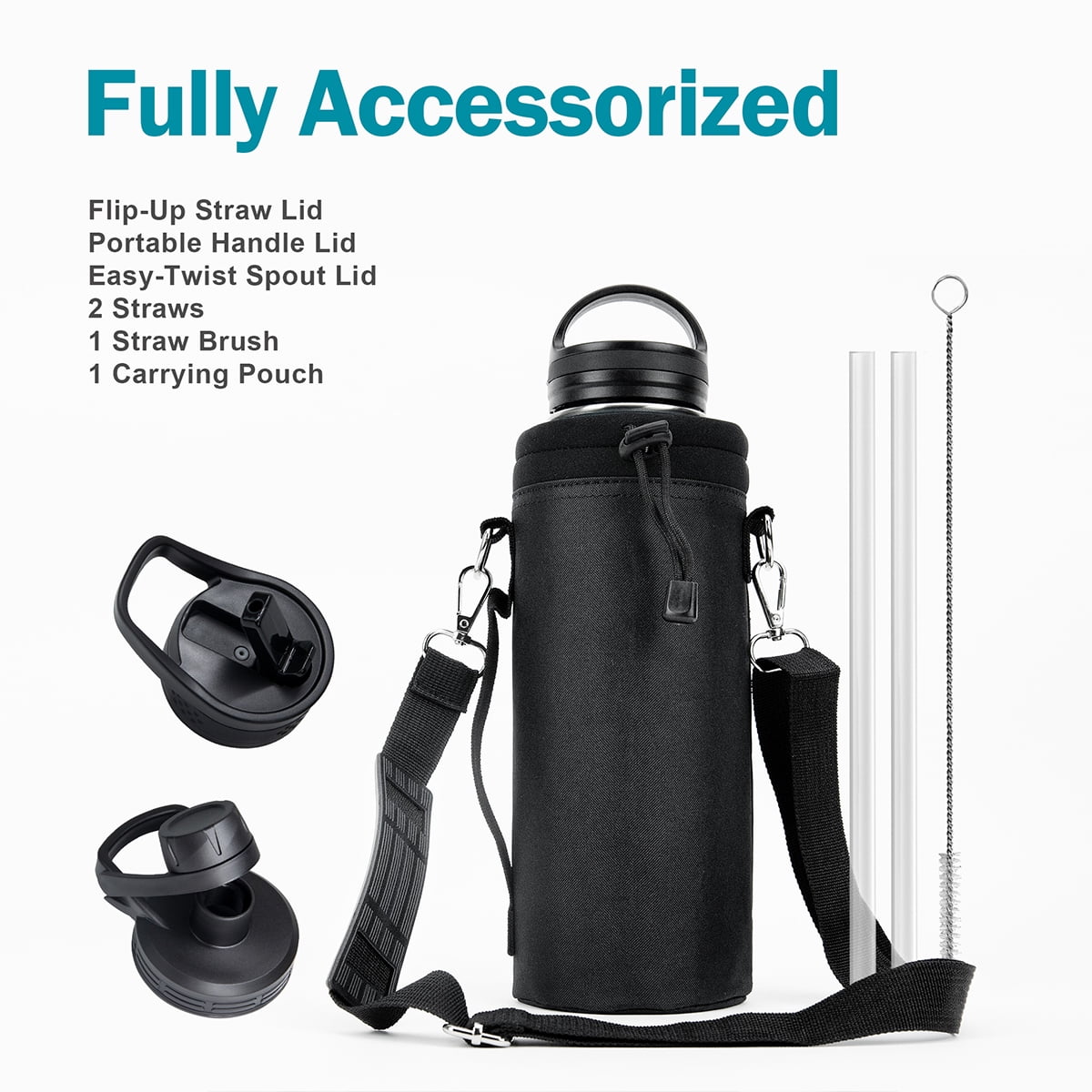Buzio 40 oz Insulated Water Bottle with Straw & 3 Lids, Half Gallon Water Bottle Stainless Steel with Carrying Strap for Gym Sports Outdoor Hiking, Starry Pacific