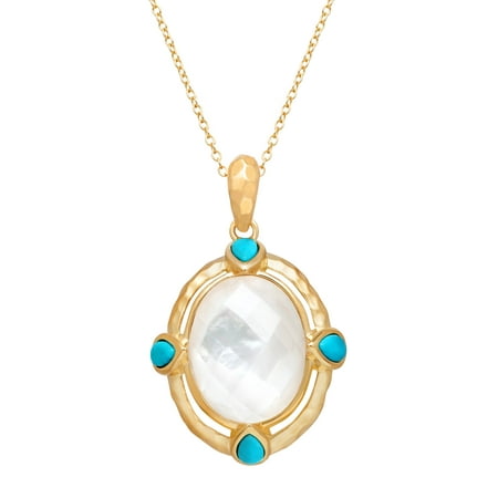 Pendant Necklace with Crystal-Plated Natural Mother-of-Pearl & Turquoise in 14kt Gold-Plated Sterling Silver