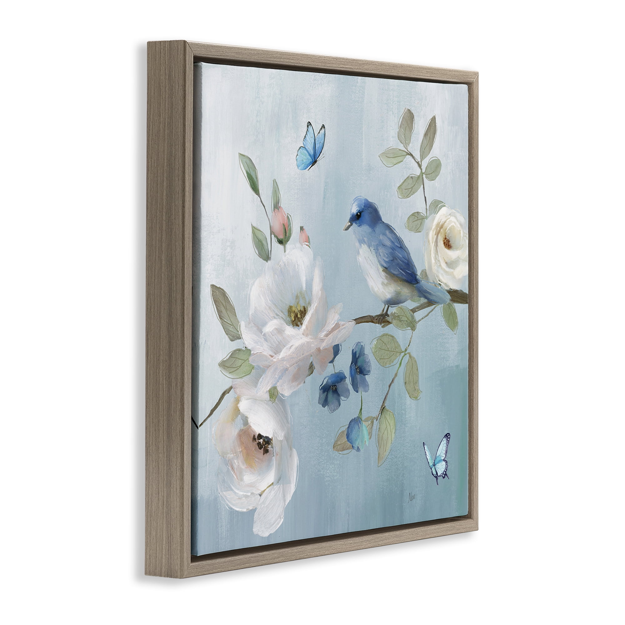 Stupell Industries Pastel Blue Bird Blooms Brown Framed Floater Canvas Wall Art, design by Nan