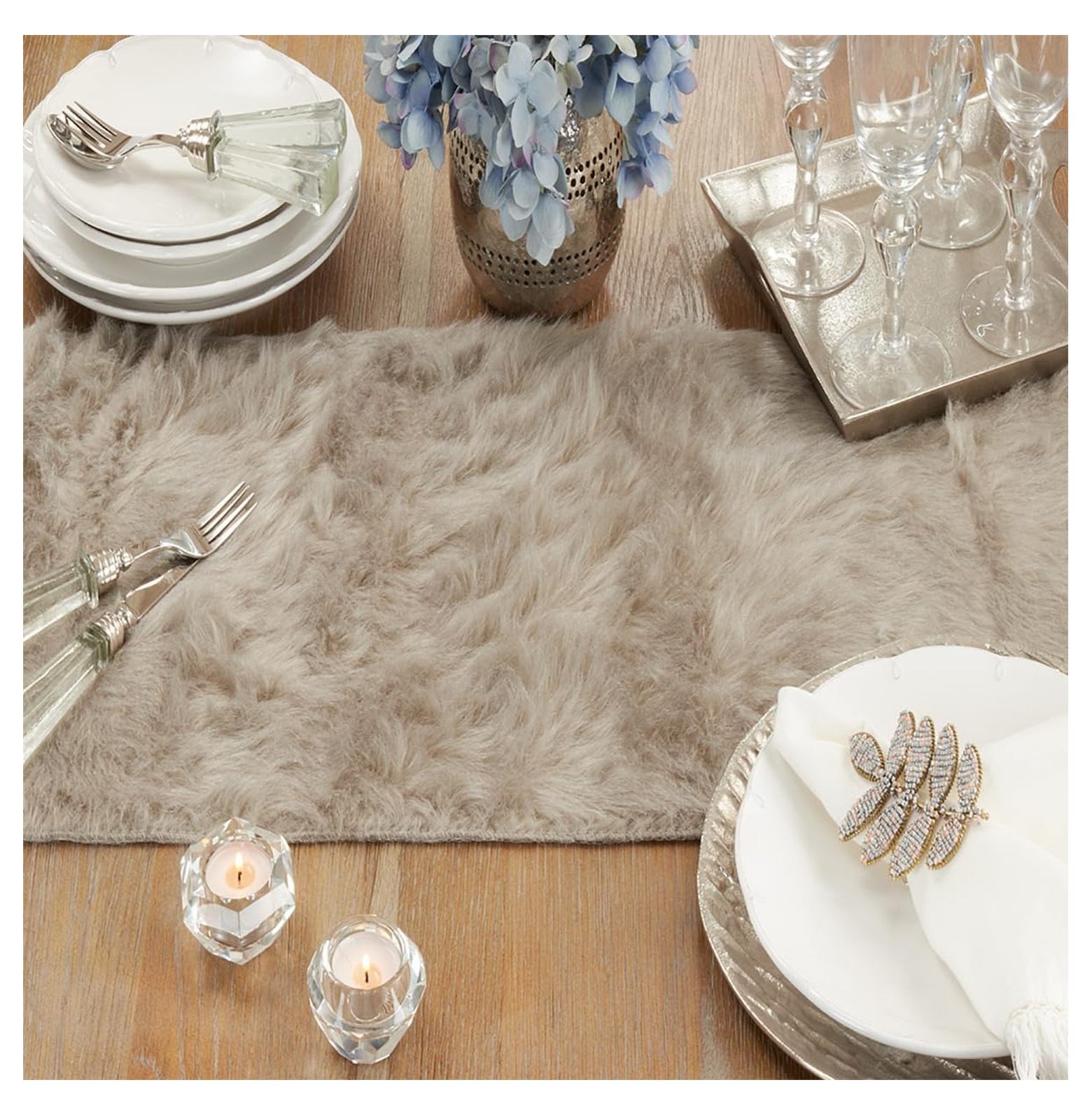 Juneau Faux Fur Table Runner 15 x 90 Inch - Gray Winter Table Decor for Dining Room, Holiday & Banquets
