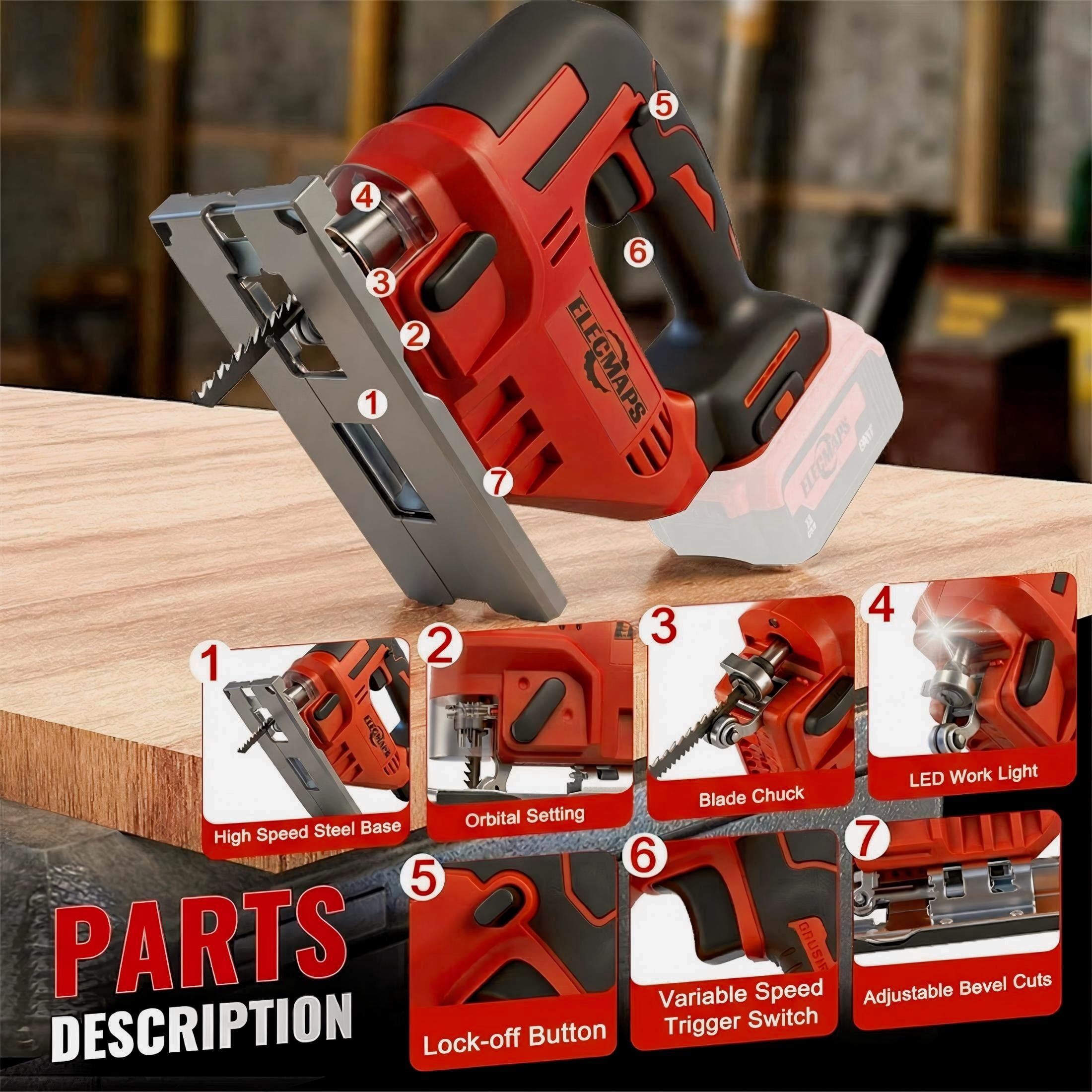 ELECMAPS Cordless Jigsaw 2700 SPM, Compatible with Milwaukee M18 Batteries, Multi-Blades for Wood Metal PVC Cutting (Battery Not Included)