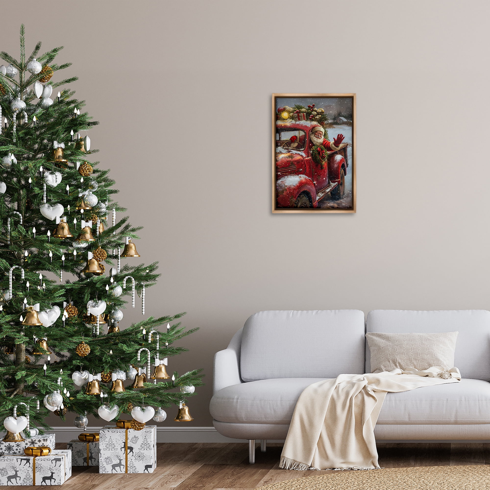Stupell Industries Santa Waving Hello Holiday Painting Brown Floater Framed Canvas Art Prints Wall Art, 17 x 25