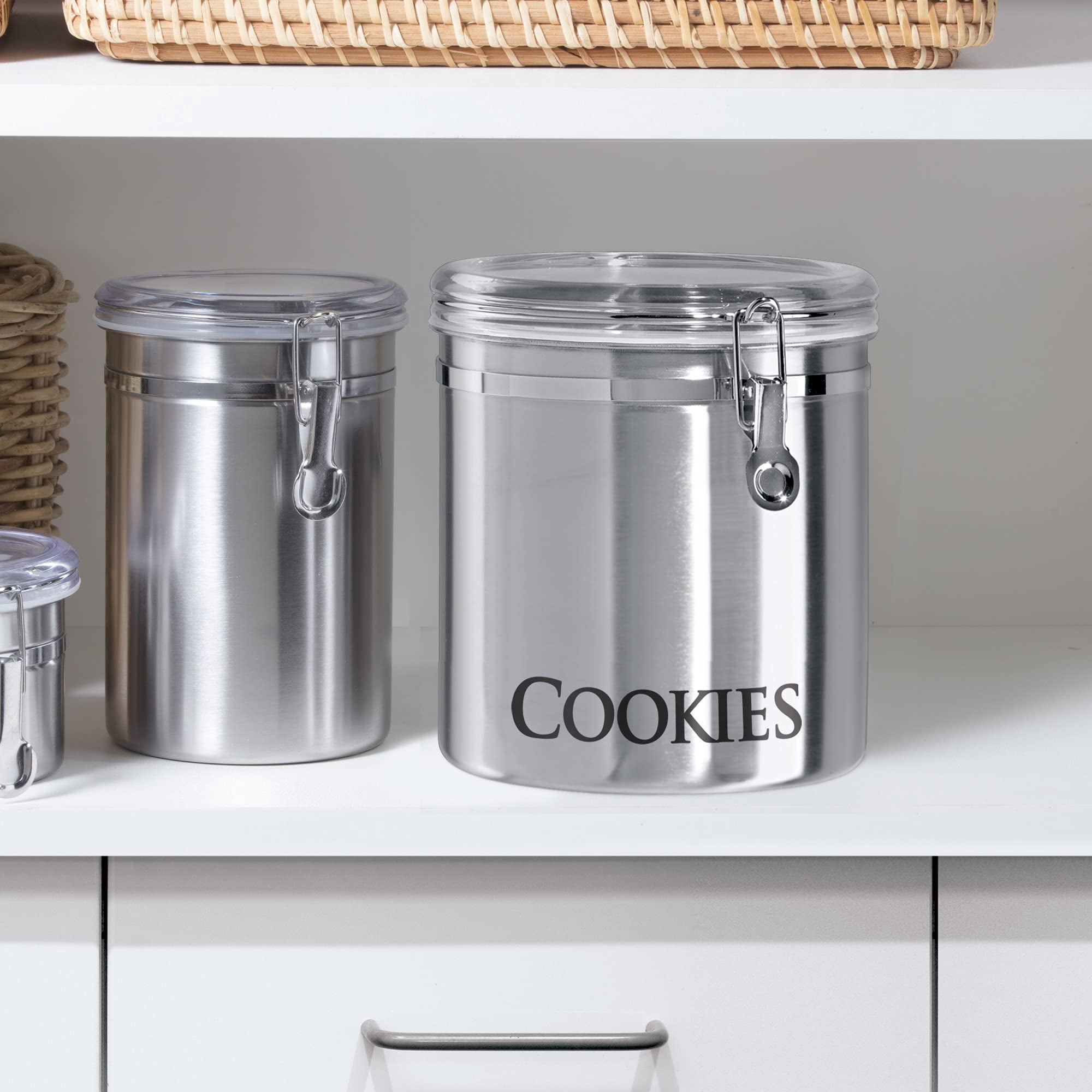 Oggi Airtight Clamp Canister Food Storage Container, 8-Inch-Cookies, Stainless, Clear Lid