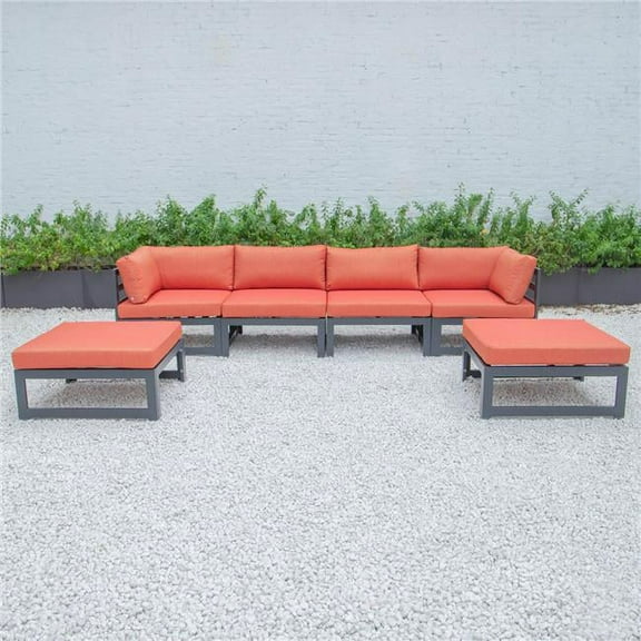 24.8 x 113.62 x 60 in. Chelsea Patio Aluminum Ottoman Sectional with Cushion, Orange & Black - 6 Piece