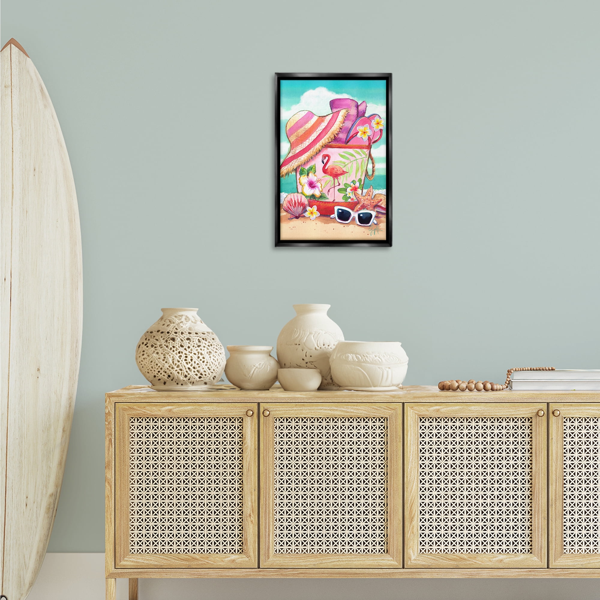Stupell Industries Floral Beach Bag Nautical & Beach Painting Black Floater Framed Canvas Art Print Wall Art, 17 x 25