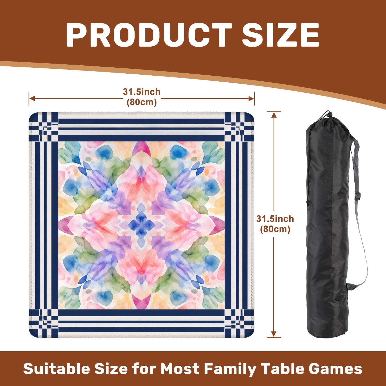 Mahjong Mat 31.5" x 31.5" Abstract Watercolor Stripes Pink Blue Yellow Tones Non-Slip Noise Reduction Mahjong Tiles Table Cover for Dominoes Poker Card Board and Tile Games