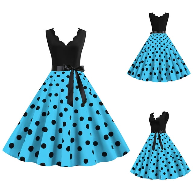 Kcodviy Robe d'Été Vintage à Pois pour Femme, Robes d'Été Grande Taille Décontractées à Imprimé Sans Manches, Robe de Soirée Décontractée Scintillante, Robe de Fête, Robe de Bal