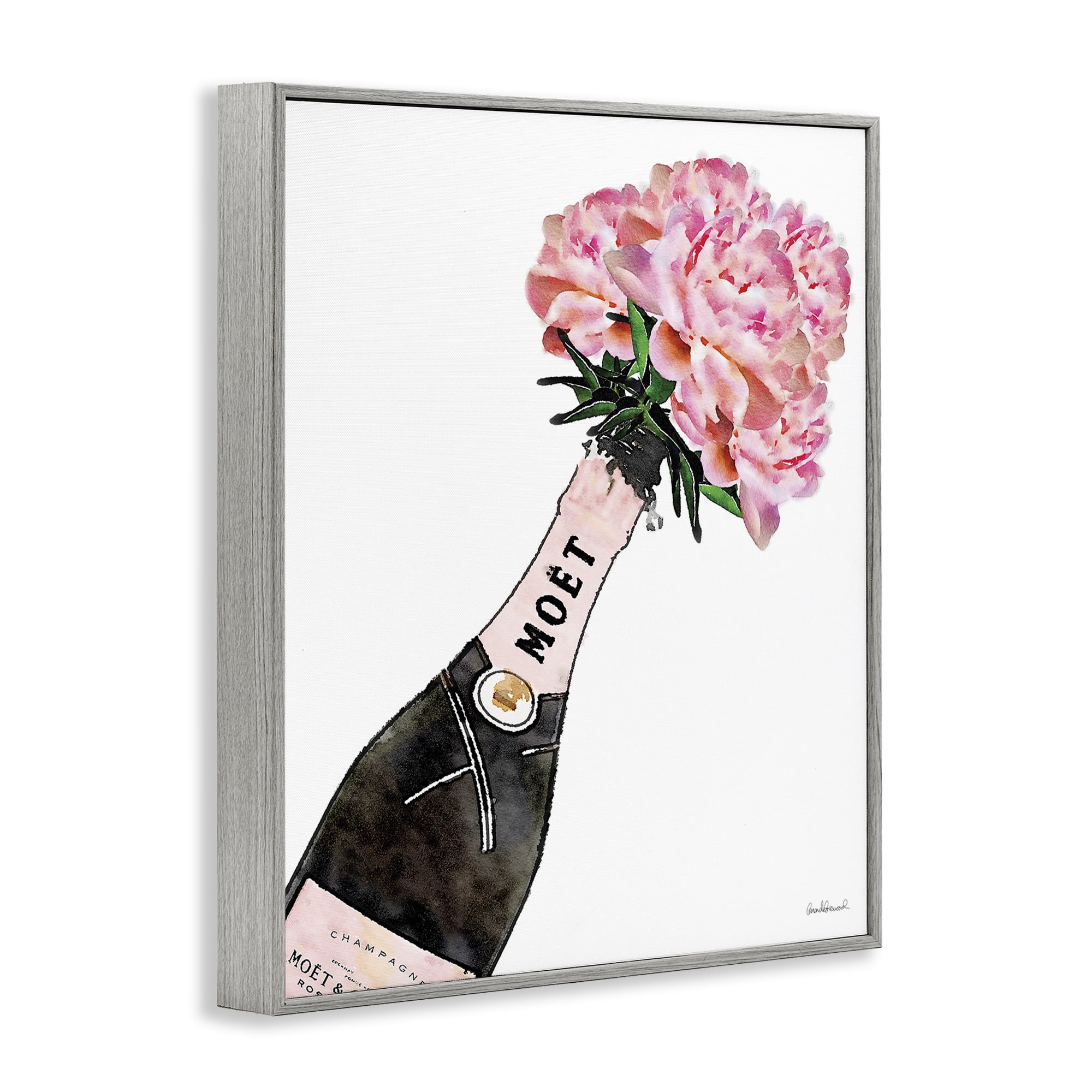 Stupell Industries Pink Champagne Bouquet Botanical & Floral Painting Gray Framed Art Print Wall Art, 16 x 20