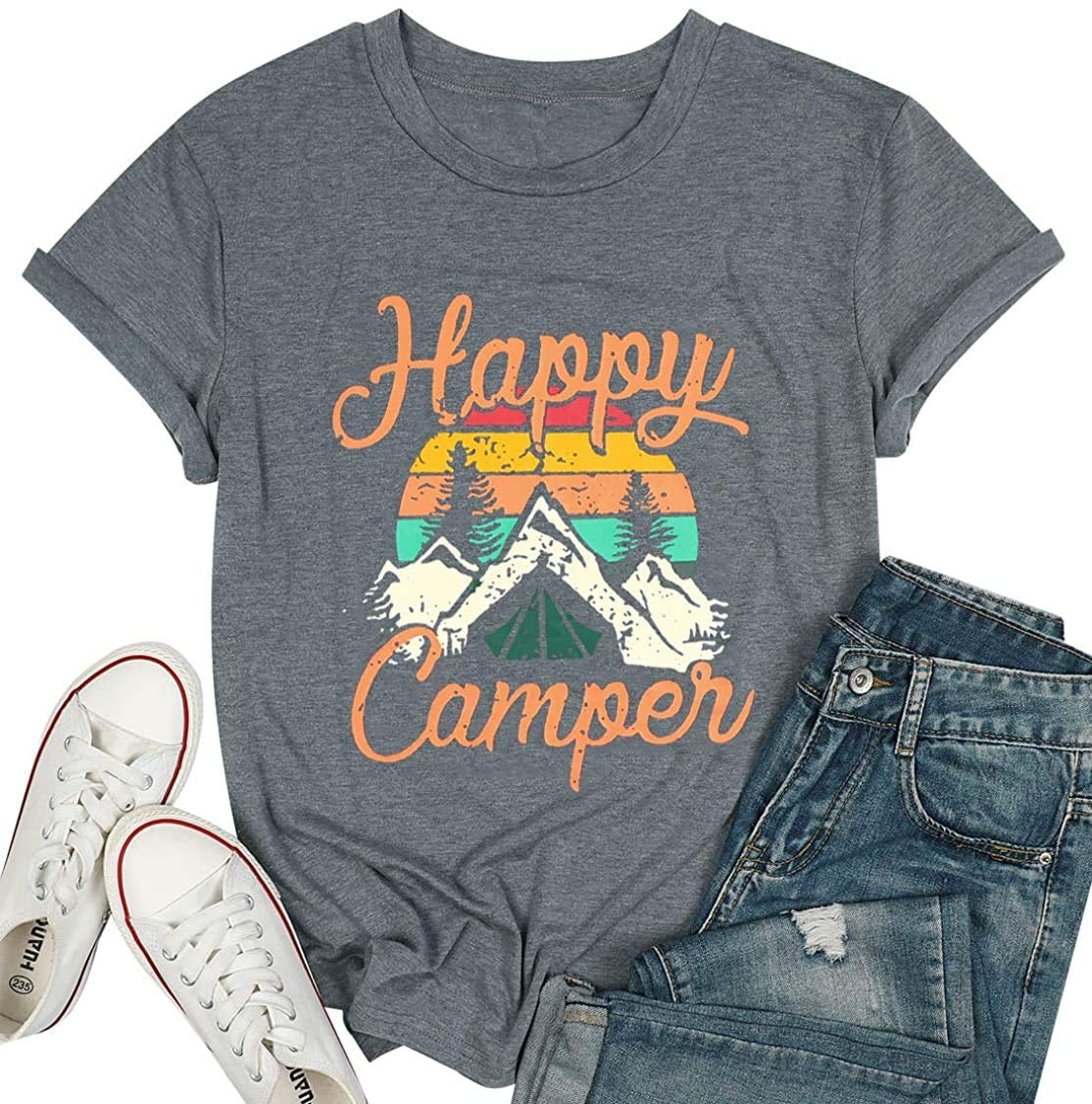 Women Happy Camper Funny Cute Camper Tee Shirts Graphic Letter Print Tee Shirts