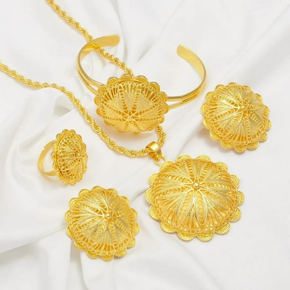 14K Yellow Gold Pendant Necklace Earrings Bracelet Rings African Ethiopian Jewelry Sets Eritrean Arabic Wedding Decor