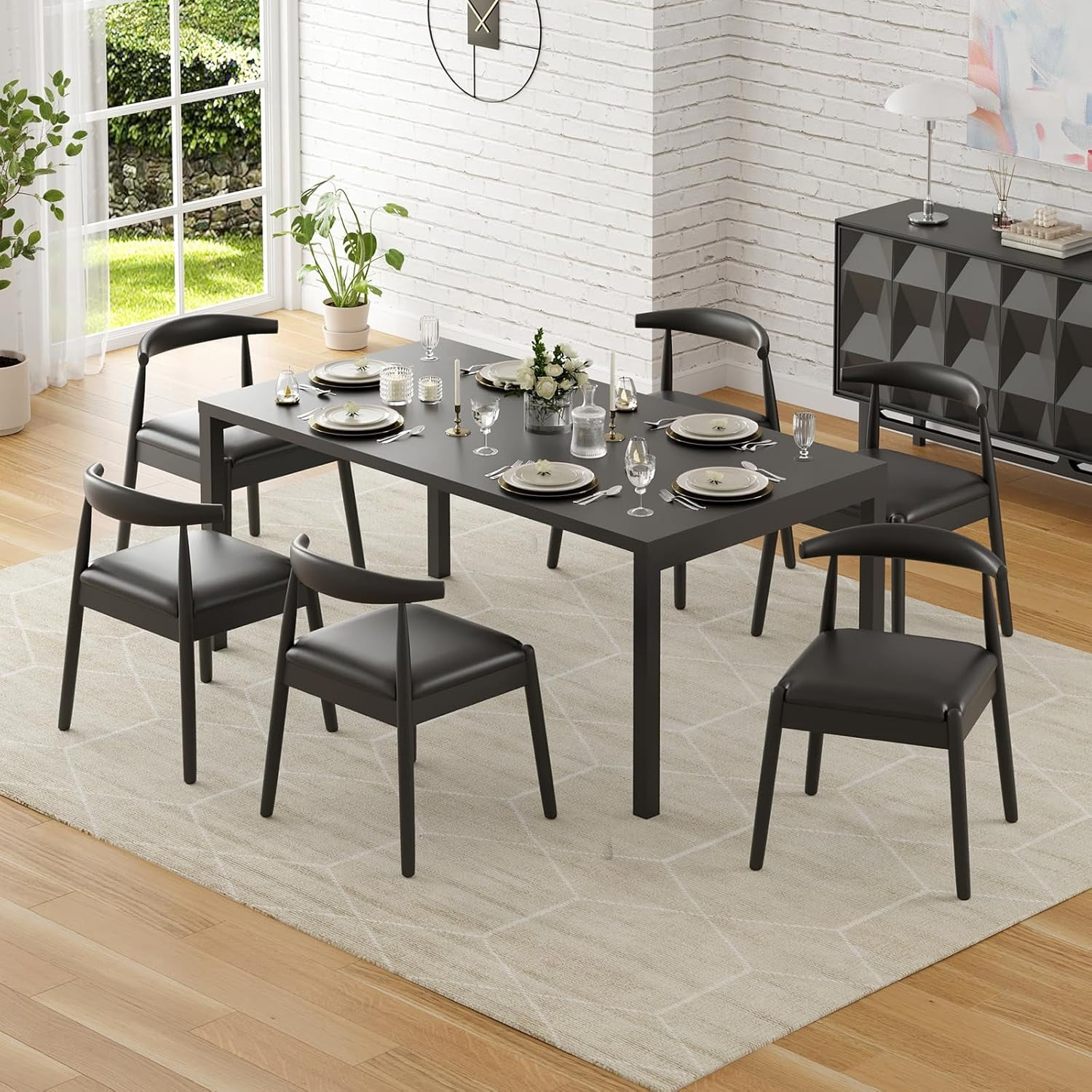 Farini Mid-Century Dining Chairs Set of 2, Solid Wood Frame & PU Leather Upholstered Seats, Black