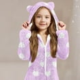 thumbnail image 5 of SERTG Kids Heart Print Hooded with Cute Bear Ears Double-Sided Fleece Fall Winter Zipper Front One-Piece Outfit Jumpsuit(Purple#2,14-15 Years), 5 of 5