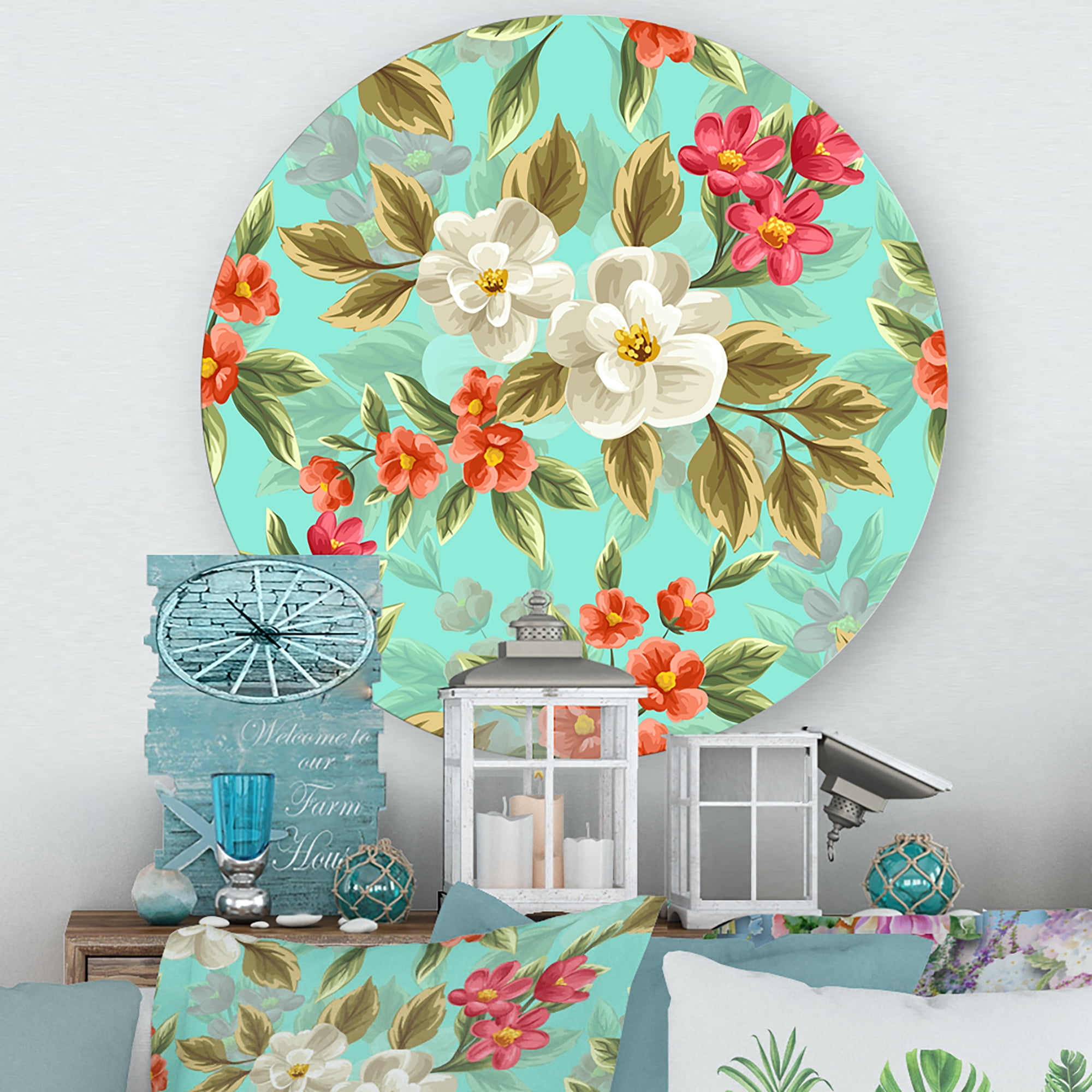 Designart 'Red and White Floral Seamless Pattern' Traditional Circle Metal Wall Art 23x23 - Disc of 23