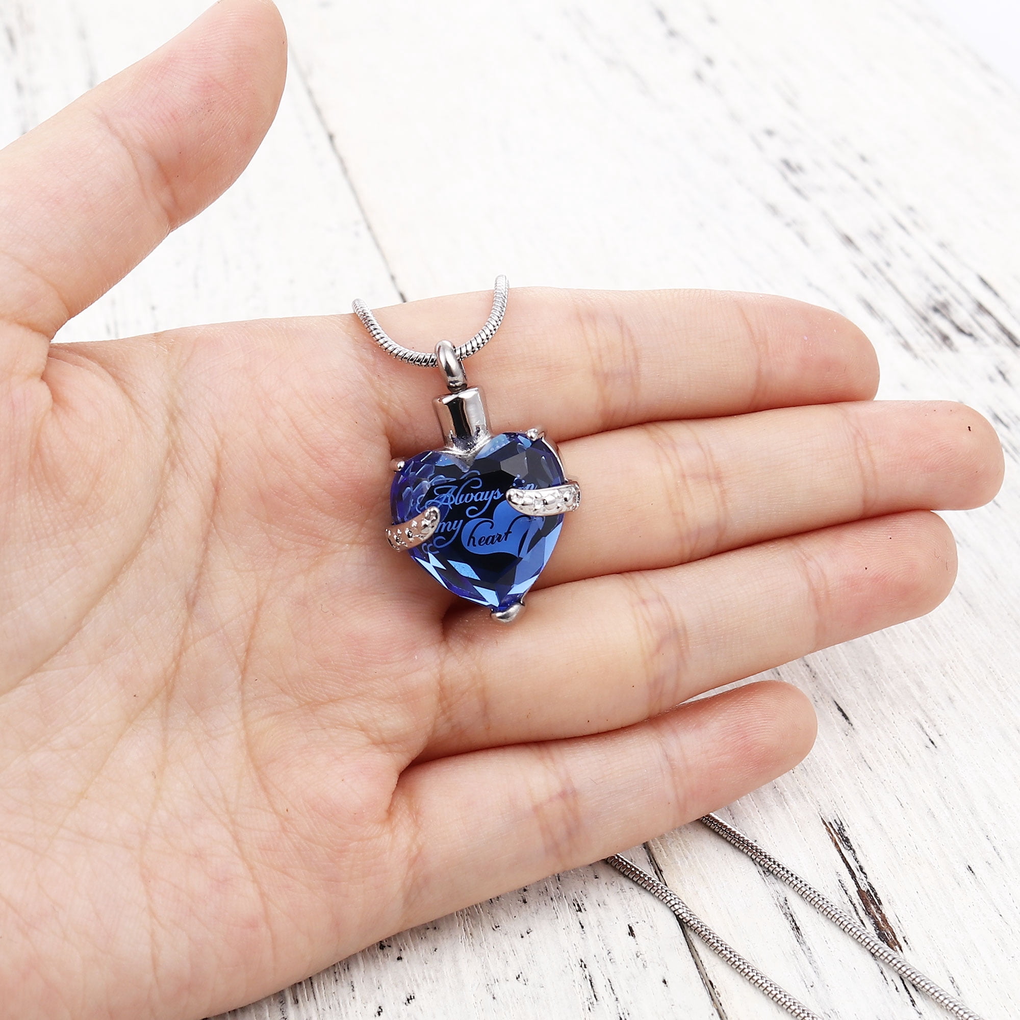 Women's Blue "Always in My Heart" Rhinsestone Heart Cremation Urn Necklace for Ashes Funeral Remembrance Urn Jewelry Memorial Pendant with Free Fill Kit and Gift Box