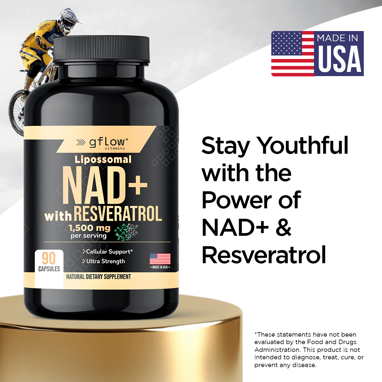 Gflow Vitamins NAD+ supplement (Nicotinamide Adenine Dinucleotide) with Resveratrol as 98% pure trans-resveratrol | Antioxidant Anti-Aging supplement made in the USA