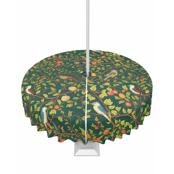 Hokiten Outdoor Tablecloths with Umbrella Hole & Zipper, Botanical Birds Round Tablecloths 60 Inch, Art Abstract Leaves Green Waterproof Table Cloth, Patio/Pool/Picnic Table Covers