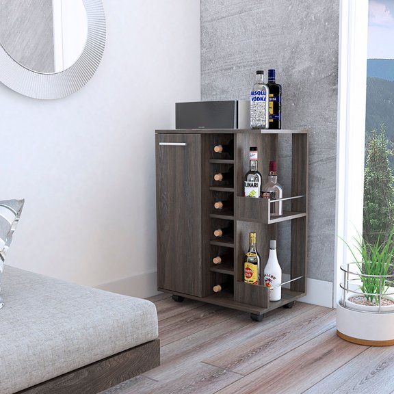 TUHOME 2-Shelf Bar Cart Cabinet with Glass Shelves and Wheels, Carbon Espresso