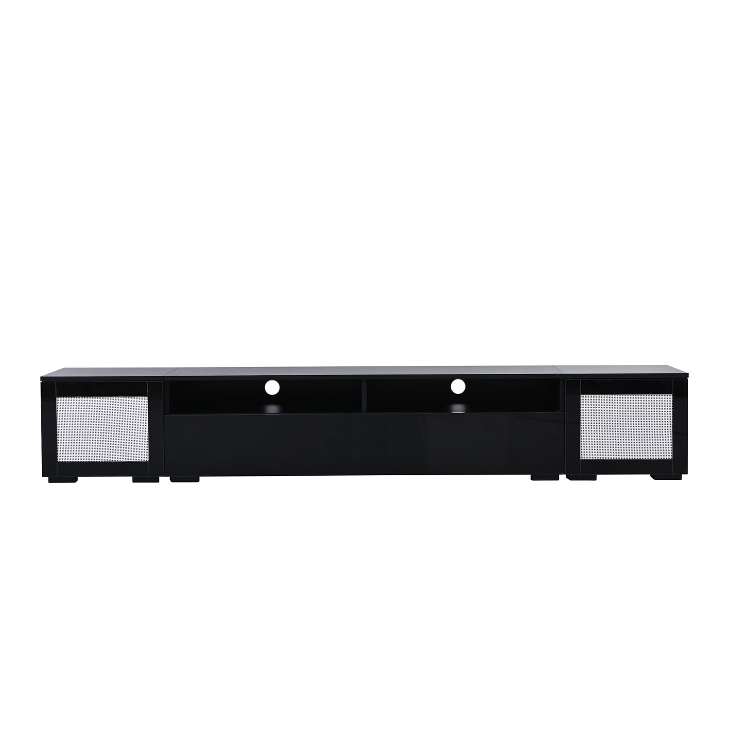 Kadyn Rattan Style Entertainment Cente, Particle Board TV Console Table with Push to Open Doors and Color Changing LED Lights, Modern TV Stand for TVs Up to 90”, Black Kadyn Rattan Style Entertainment Cente, Particle Board TV Console Table with Push to Open Doors and Color Changing LED Lights, Modern TV Stand for TVs Up to 90”, Black