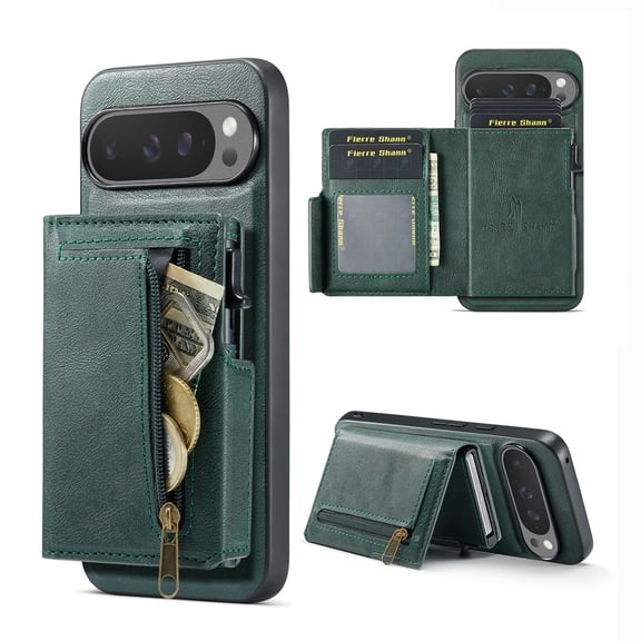 for Google Pixel 7 Wallet Case, 2-in-1 Detachable RFID Blocking Card Holder Phone Case, Zipper Pocket, PU Leather Flip Stand Card Slot Shockproof Cover for Google Pixel 7, Green