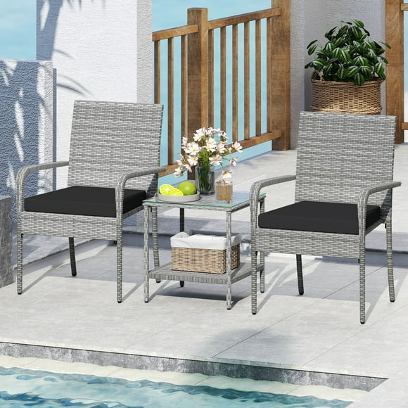 Gymax 3 Pieces Patio Furniture Set PE Rattan Porch Chairs w/ 2-Tier Table Black