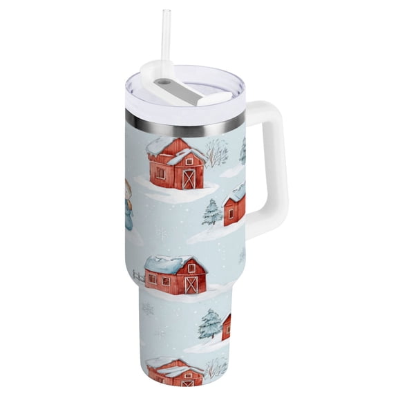 40 oz Insulated Stainless Steel Tumbler Double Wall Stainless Steel Tumbler with 2-Way Drinking Watercolor Snowman and Red Barn