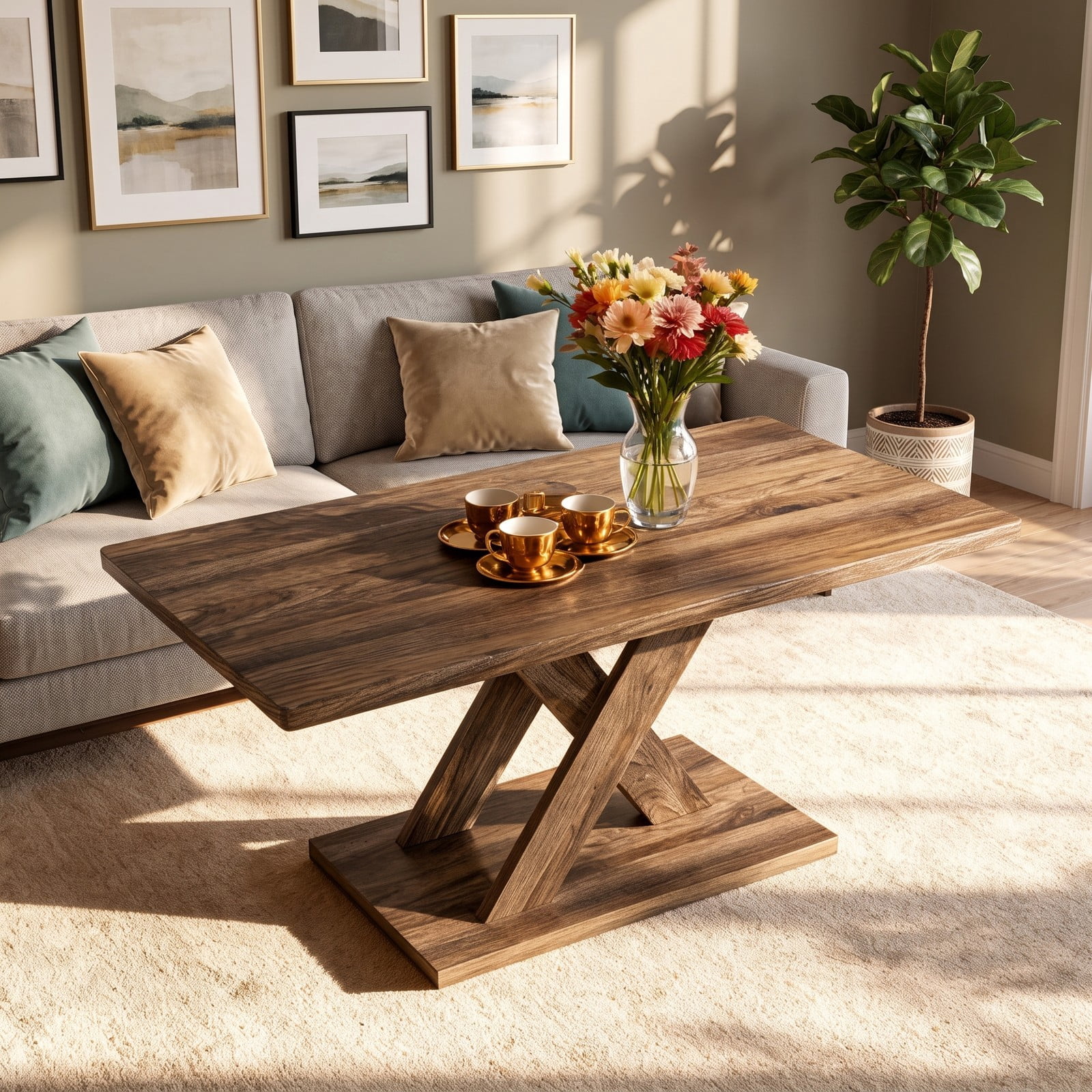 Furnibear 37.5 Inch Rectangular Coffee Table, Modern Rubber Wood Center Table with Wide Stable Base and Anti-Slip Foot Pads for Living Room Bedroom Office, Rustic Brown