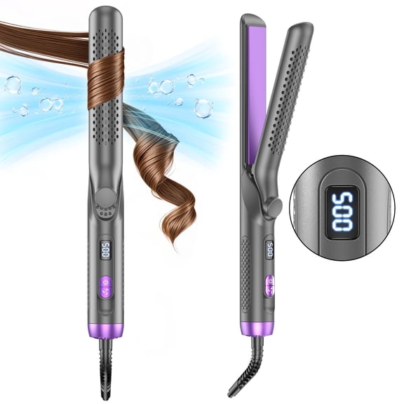 NEXPURE Airflow Styler Curling Iron, Flat Iron Hair Straightener and Curler 2 in 1, Ionic Curling Wand with 360°Cool Air Lock in Styling,5 Temps & Anti-Scald, Purple