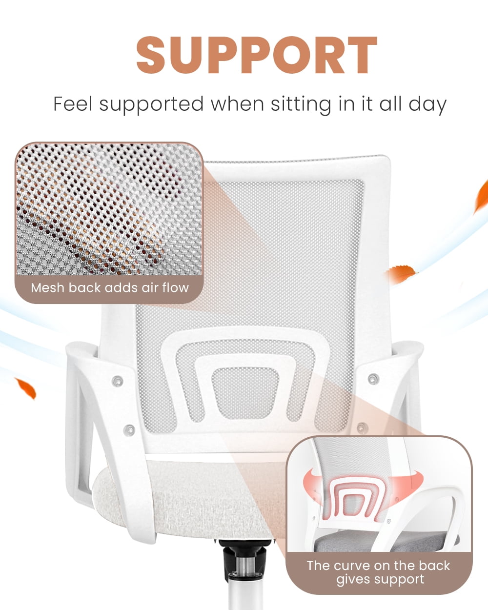 NEO CHAIR Office Desk Computer Chair Ergonomic Mesh Gaming Cushion Seat with Comfy Lumbar Mid Back Support Adjustable Height Swivel Rolling Wheels for Home Task (Ivory)