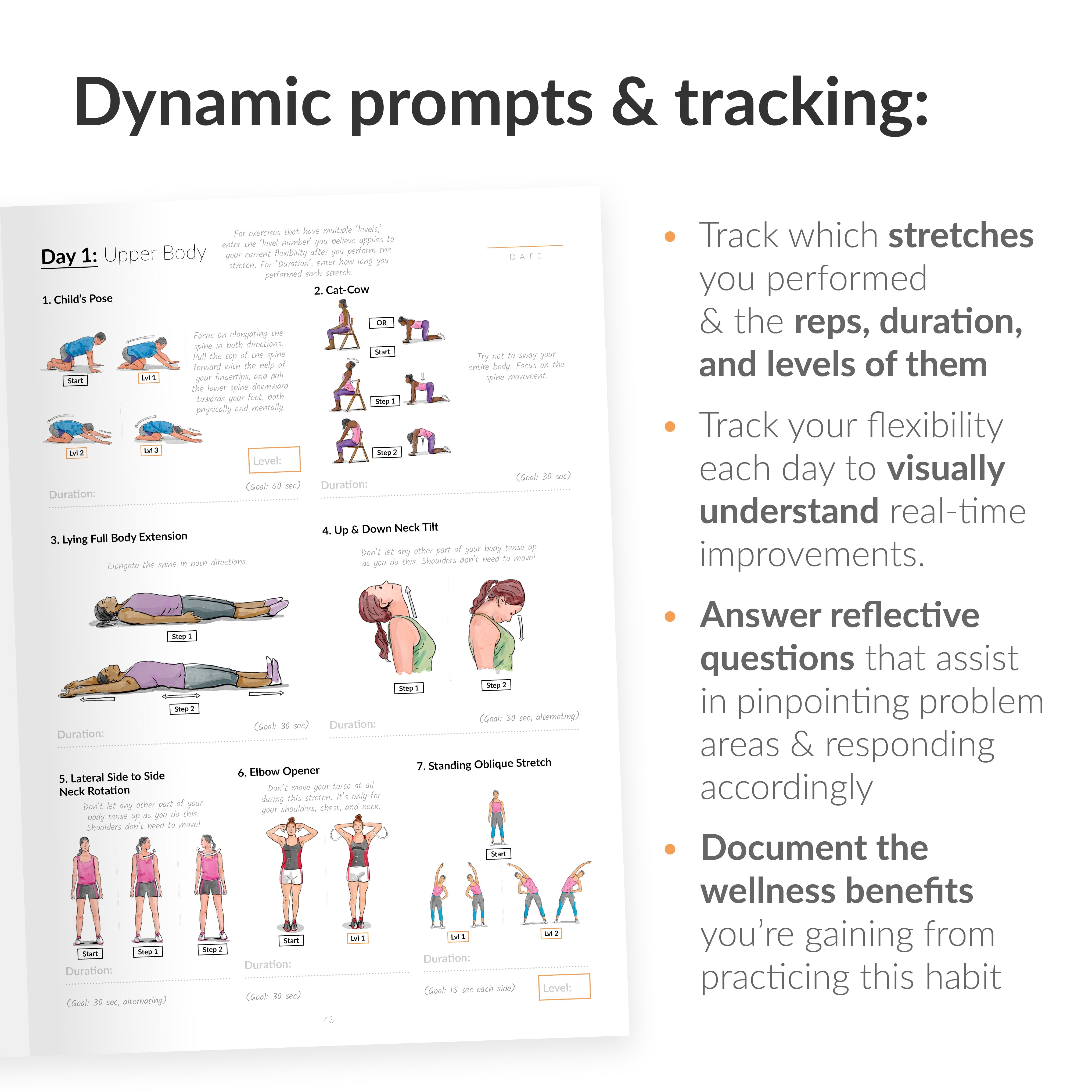 The Stretching Sidekick Journal by Habit Nest. Guided Stretching Routines to Keep You Flexible, Energized, and Live Comfortably. 66 Stretching Routines that only take 15-20 mins a day.