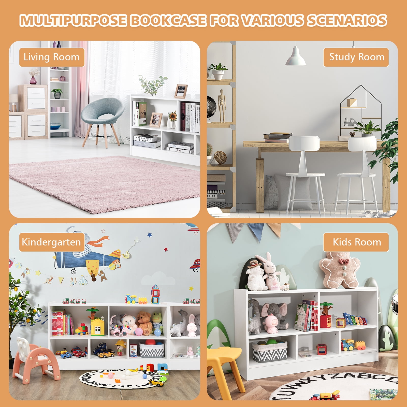 Infans Kids 2-Shelf Bookcase 5-Cube Wood Toy Storage Cabinet Organizer White